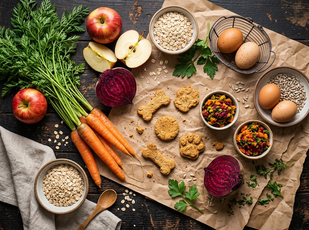 Ingredientes 100% naturales de las croquetas Premios sobre papel kraft reciclado